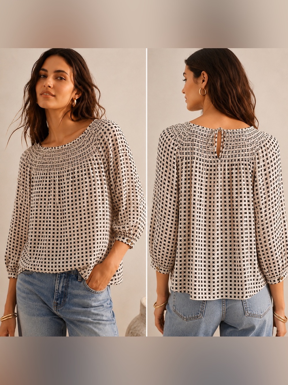 ANTHROPOLOGIE VELVET by Graham Spencer Smocked Boho Peasant Blouse Artisan Print